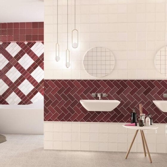 Modern bathroom with red and white metro tiles