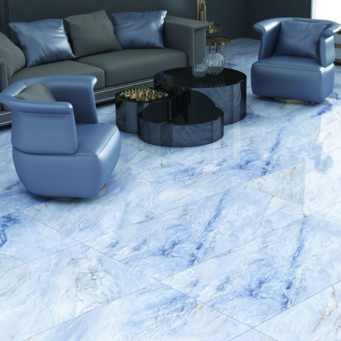 Contemporary living room with elegant blue marble floor