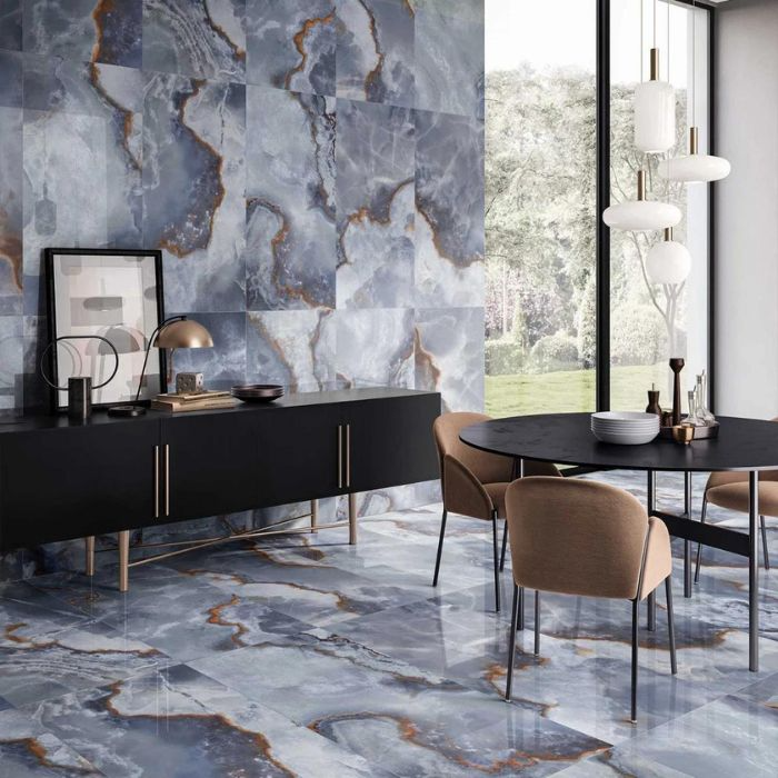 A sophisticated living space with striking blue marble tiles