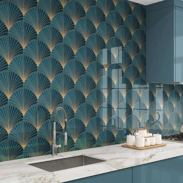 Chic kitchen with art deco-inspired blue and gold tiles