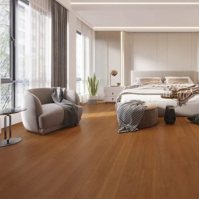 Elegant white bed in a room with bamboo tile floors