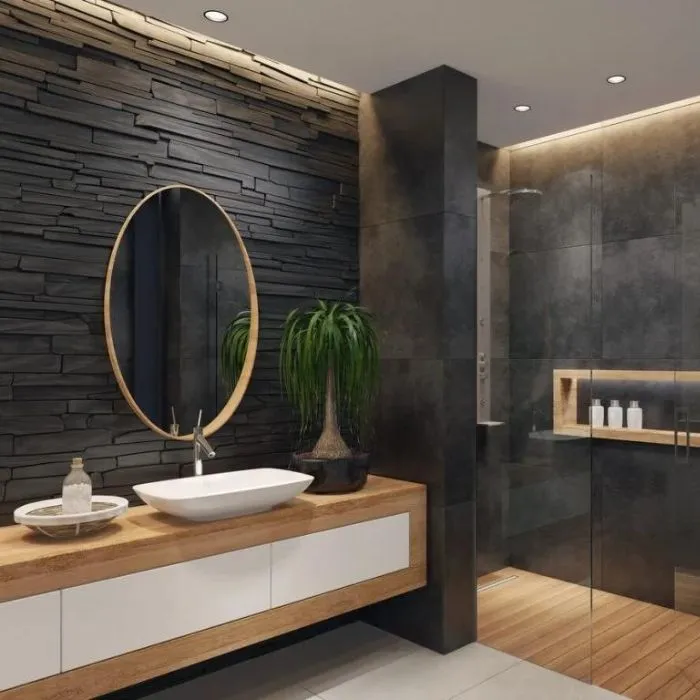 Stylish black-walled bathroom with rich wooden flooring