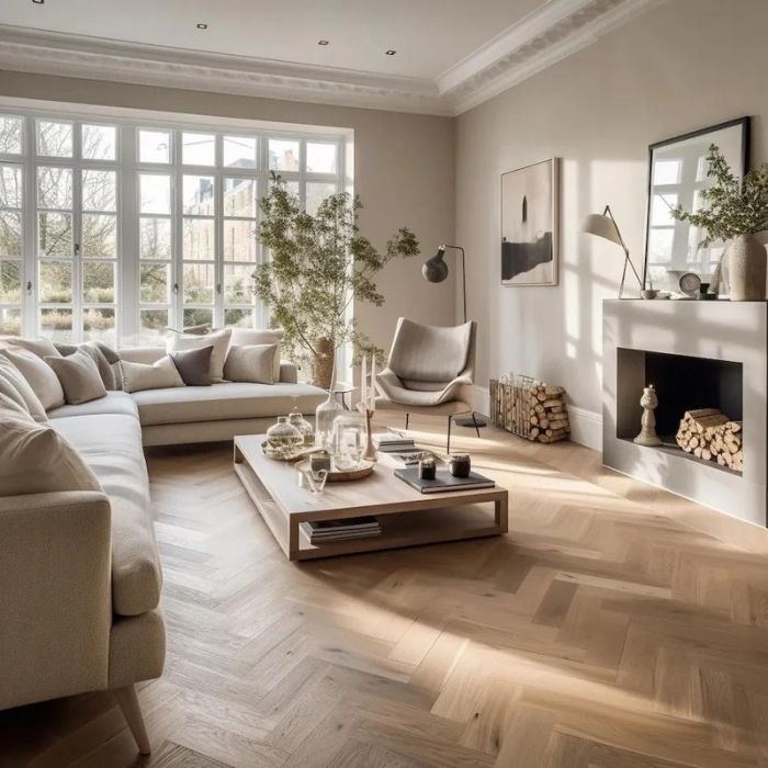 Light wood herringbone flooring in cosy living room