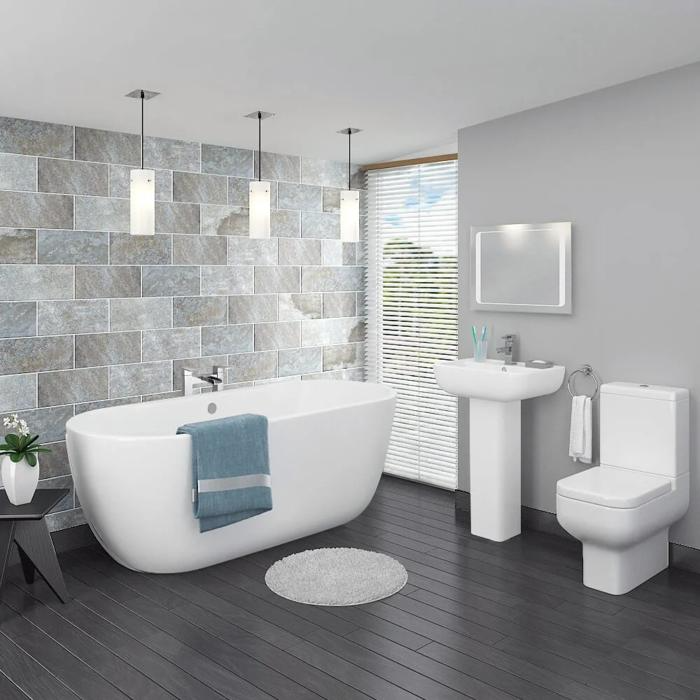 Grey wooden floor tiles in a modern bathroom