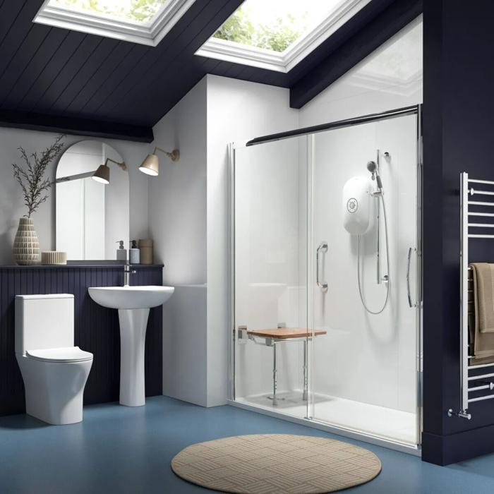 Modern walk-in shower with glass door and seat