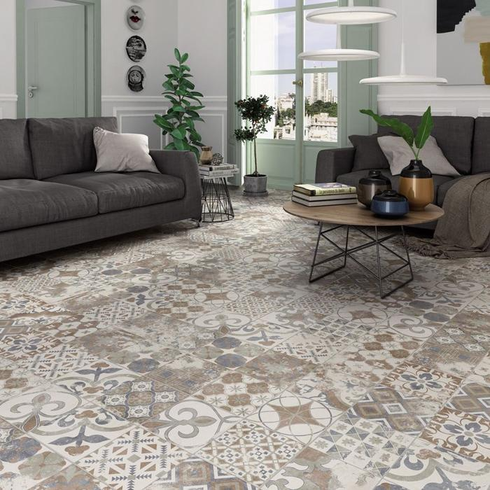 Eclectic patterned floor tiles in modern living room