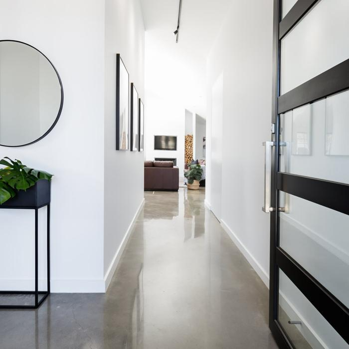 Polished concrete floor in a modern hallway