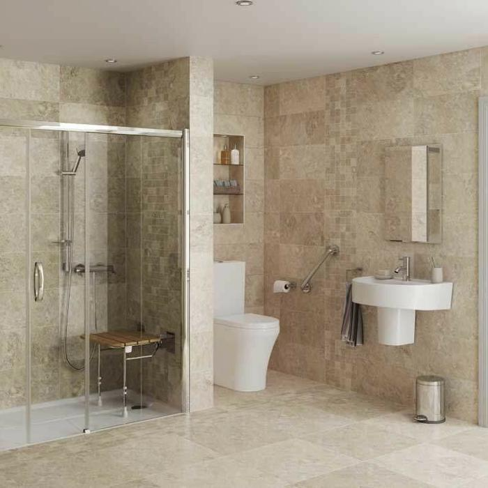 Beige marble walk-in shower with glass door and seat