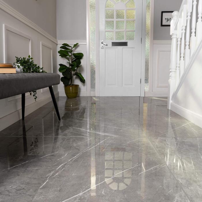 Hallway with polished grey marble floor tiles