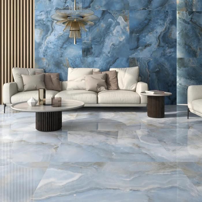 Living room with blue onyx floor tiles