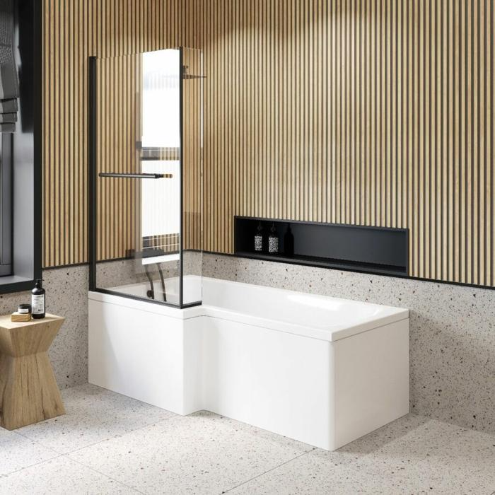 Terrazzo floor tiles and wooden wall panels adorn a modern bathroom