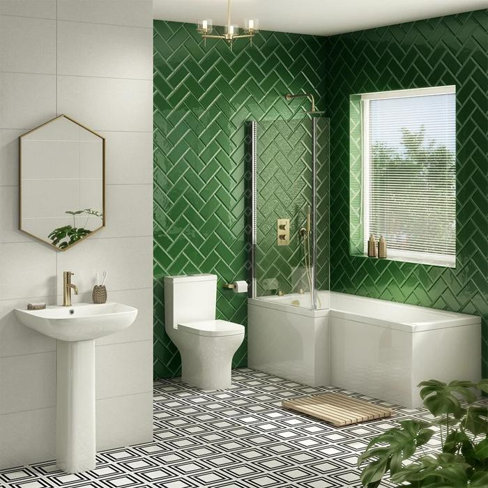 Green Herringbone wall tiles with square-patterned floor tiles