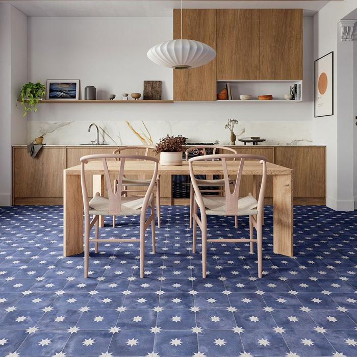 Blue star-patterned tiles in modern kitchen