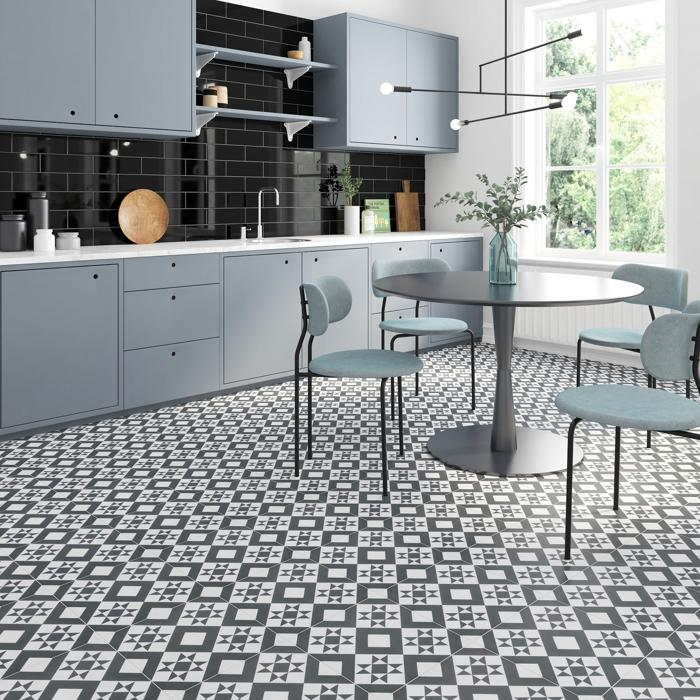 Monochrome tiles in contemporary kitchen