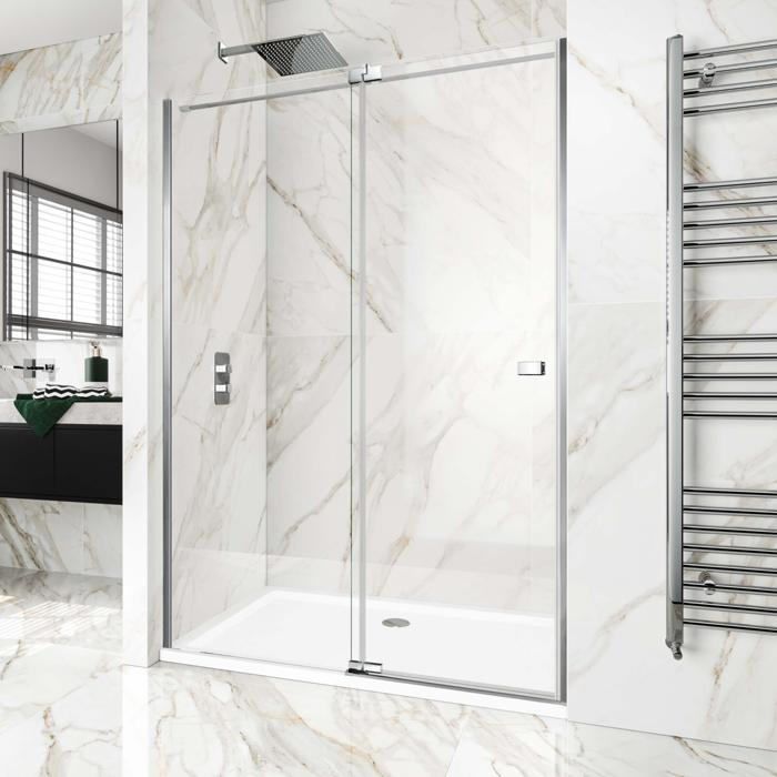 Shower with white marble effect tiles and glass doors