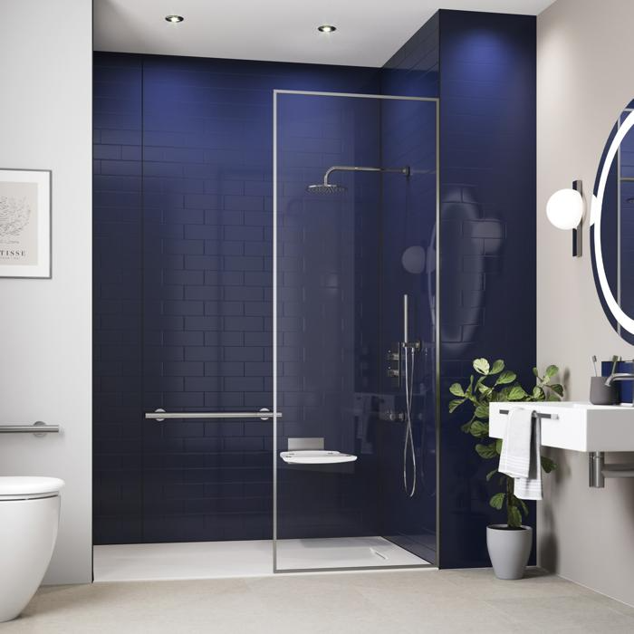 Deep blue tiles in a modern walk-in shower