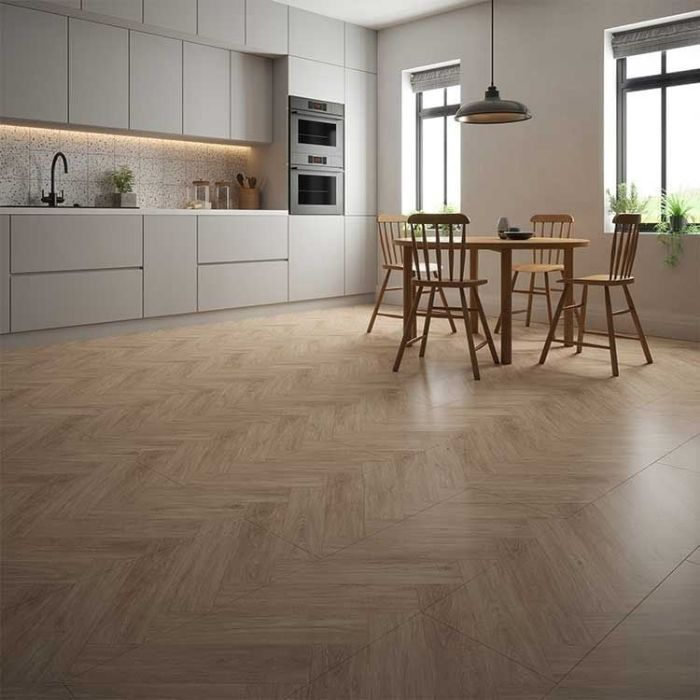 Bright kitchen with light wood laminate floor tiles