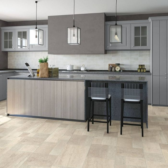 Modern kitchen with beige laminate floor tiles