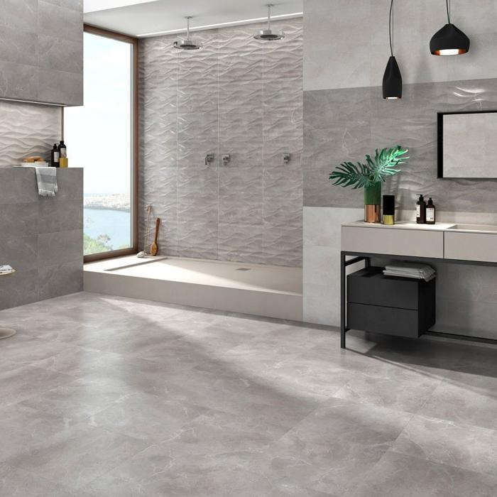 Modern bathroom with light grey marble effect tiles