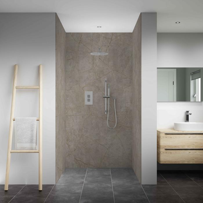 Beige stone effect wall panels in a minimalist shower