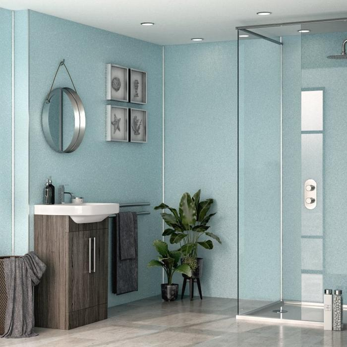 Blue quartz effect wall panels in a bathroom