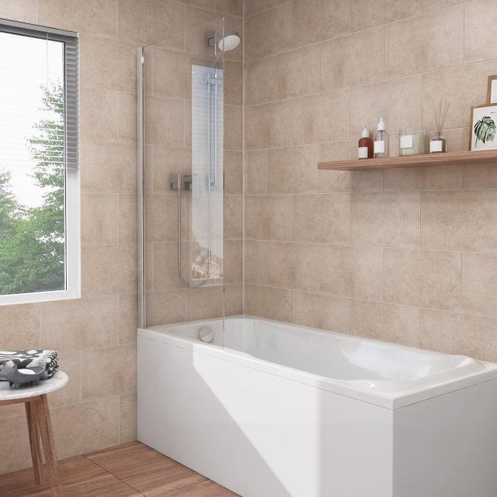 Bright bathroom with beige stone effect wall panels