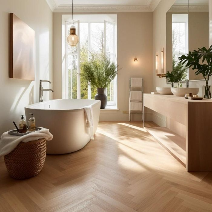 Bathroom with light herringbone flooring and freestanding tub