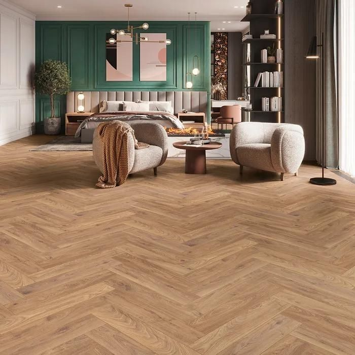 Elegant living room with wood herringbone flooring