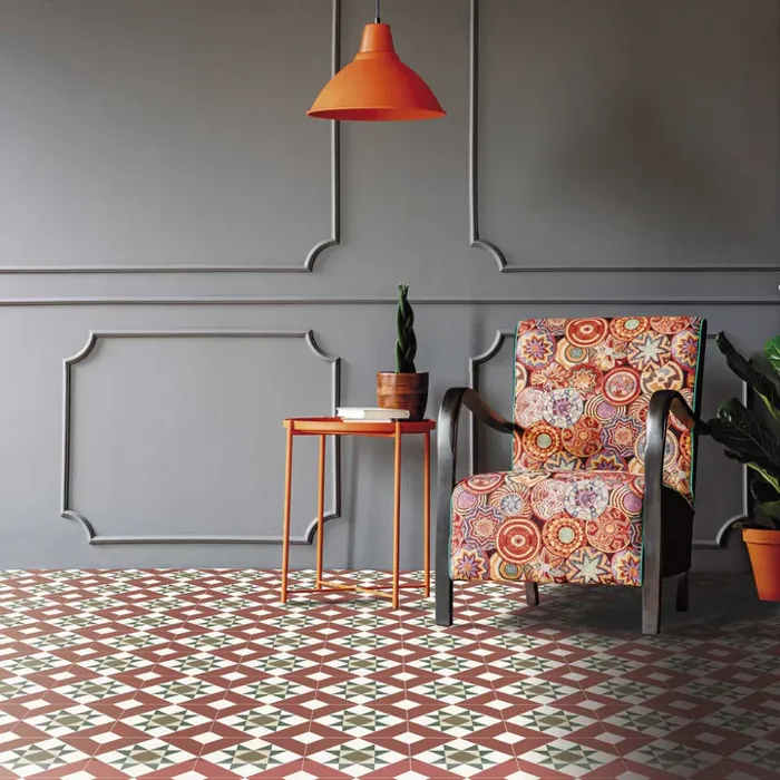 Vibrant patterned tiles in colourful living room