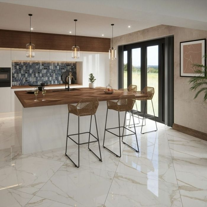 Stylish kitchen with marble effect porcelain tiles