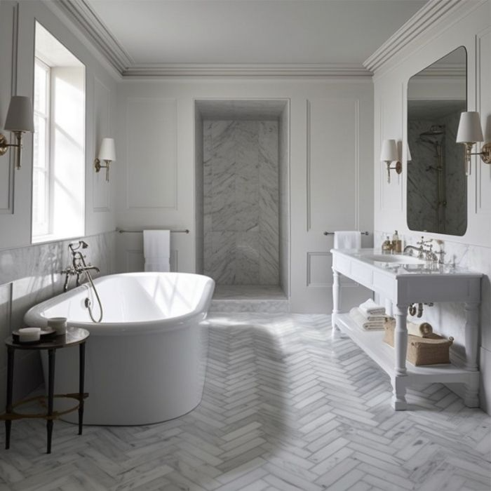 Elegant bathroom with marble herringbone flooring