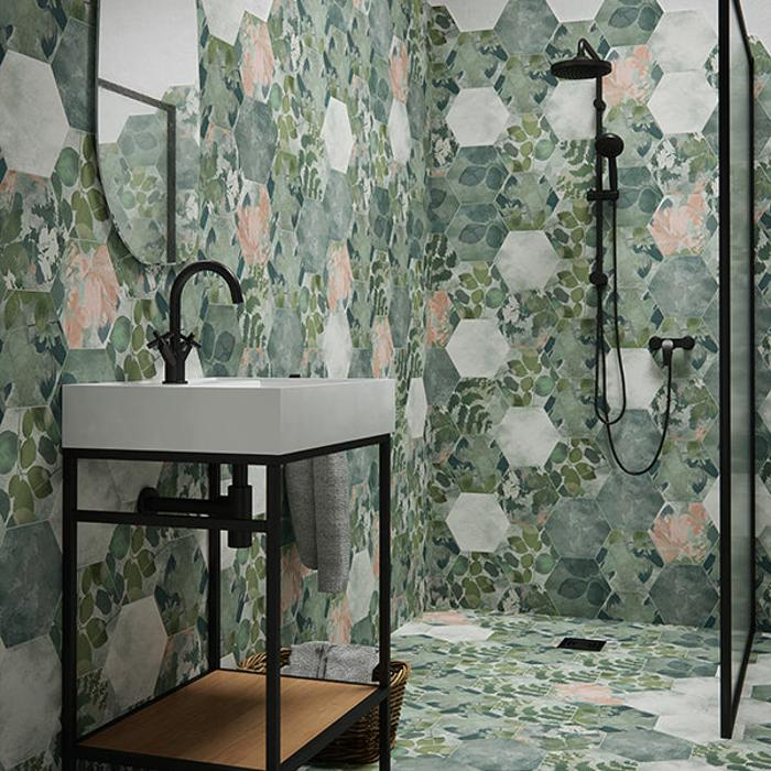 Hexagonal floral tiles in modern bathroom