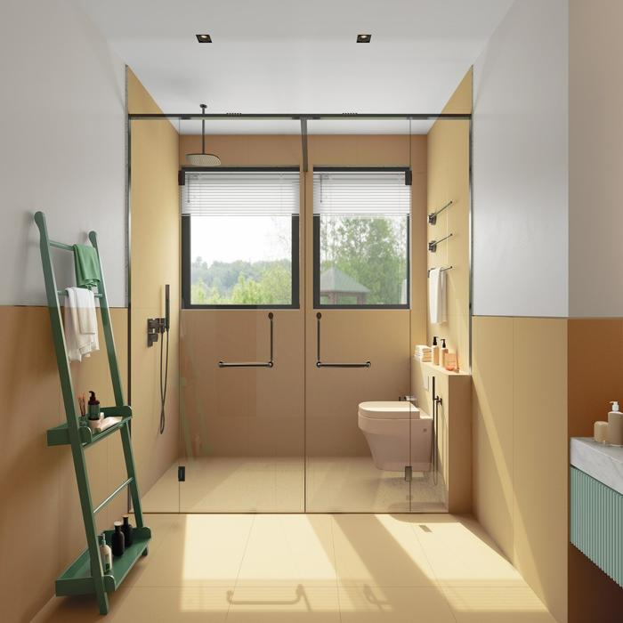 Minimalist bathroom with pale yellow walls and glass shower partition