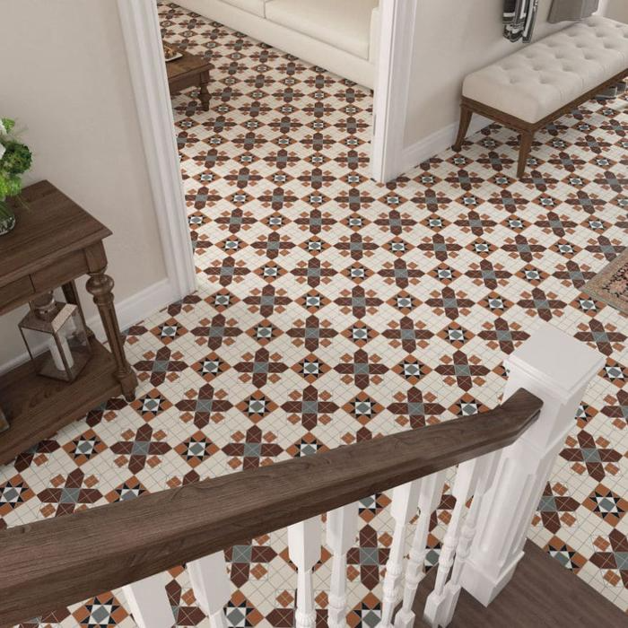 Vintage red and white tiles on classic foyer