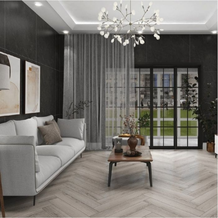 Grey herringbone flooring in modern living room