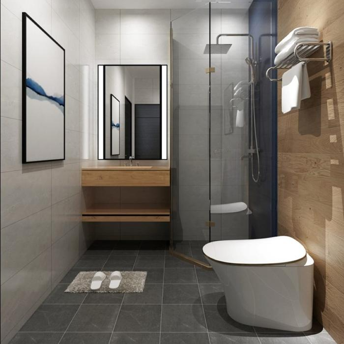 Modern bathroom with grey floor tiles