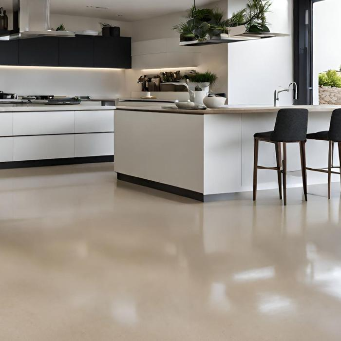 Modern kitchen with polished concrete flooring