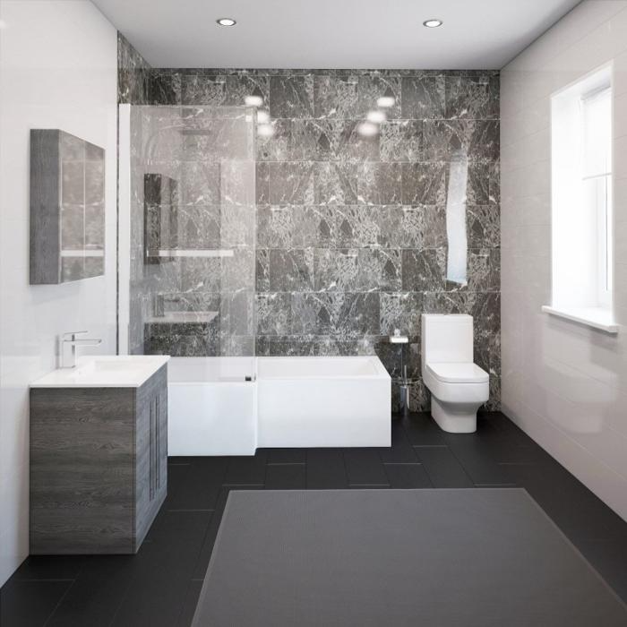 Bathroom with dark marble effect tiles and white fixtures