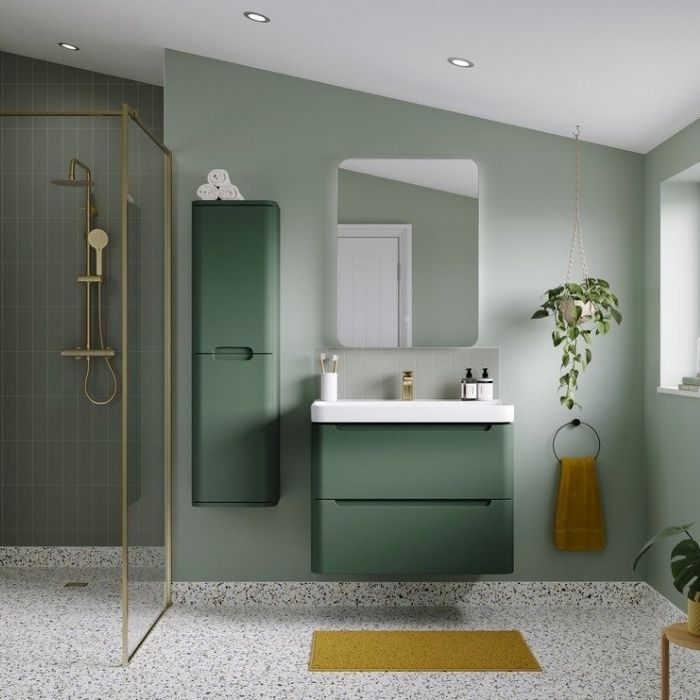 Green bathroom with terrazzo floor tiles