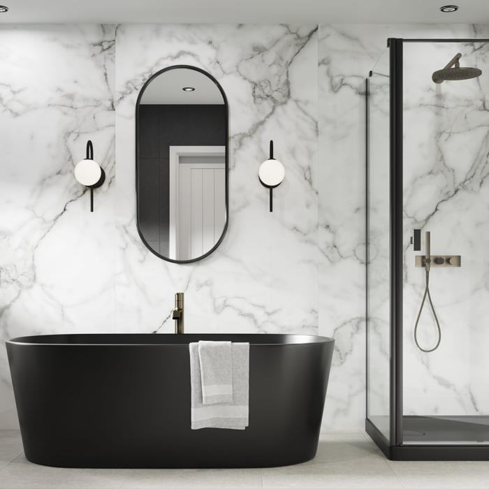 Modern bathroom adorned with white marble wall panels 