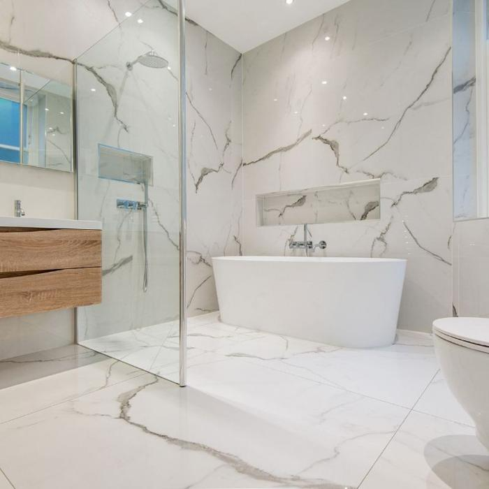 Marble effect tiles in a luxury bathroom