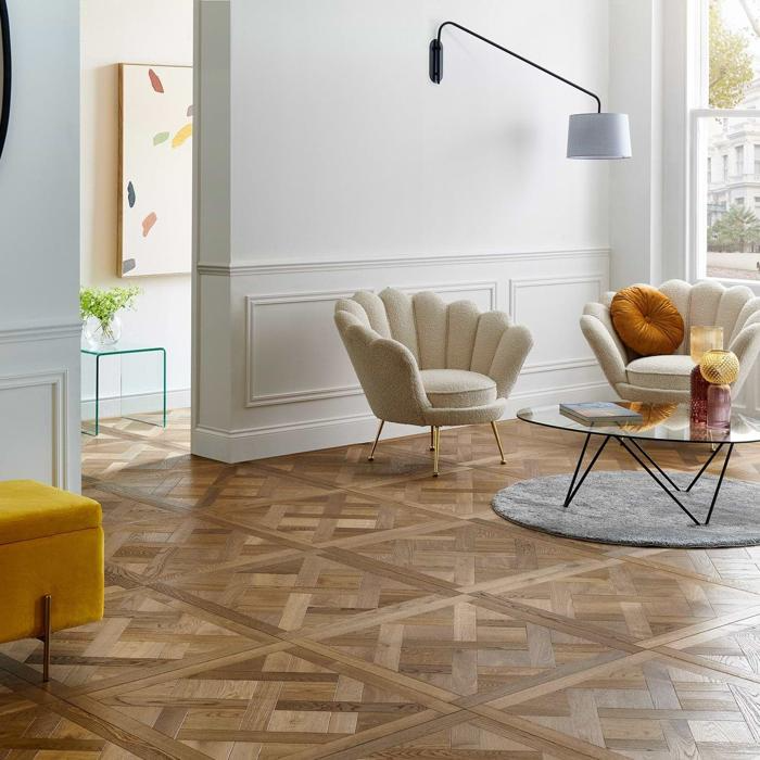 Elegant living room with parquet flooring