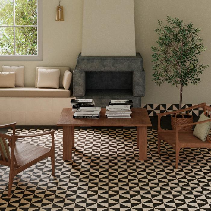 Black and white geometric tiles in cosy living room