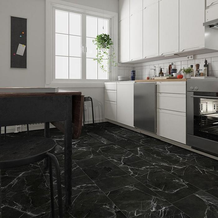 Dark marble tiles in contemporary kitchen