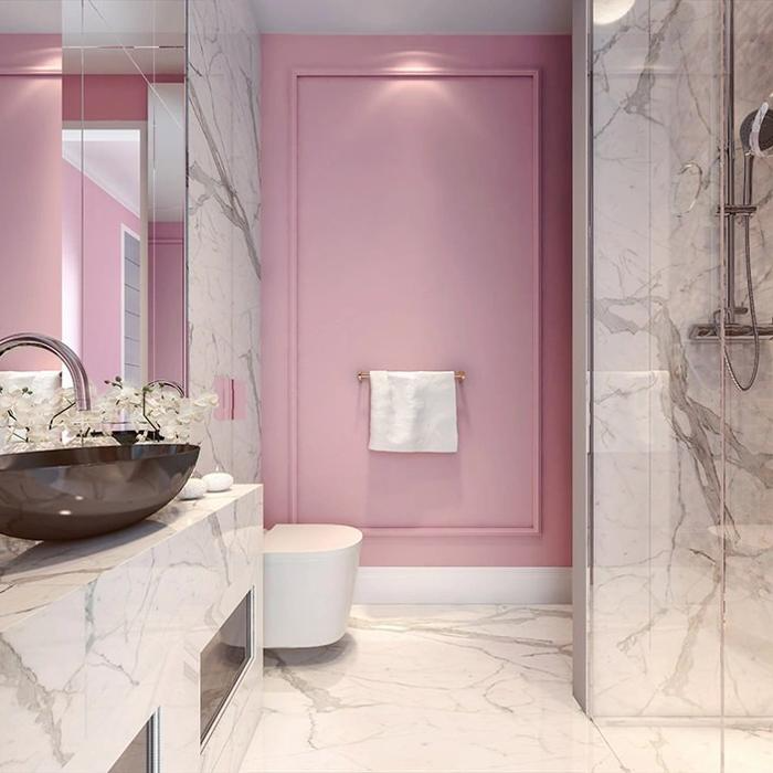 Luxurious bathroom with pink walls and marble surfaces