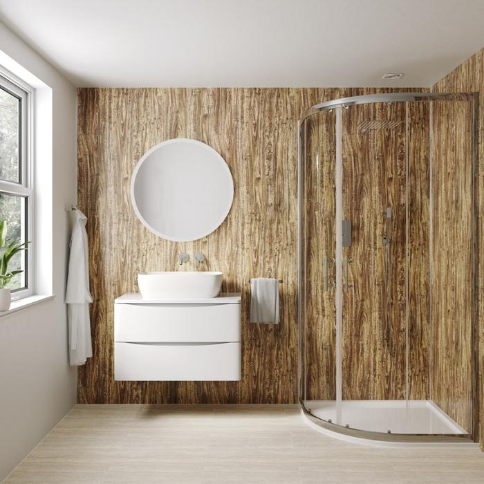 Light wood wall panels in a stylish bathroom