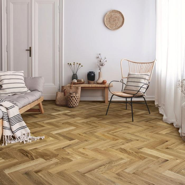 Bright living room with herringbone parquet floor