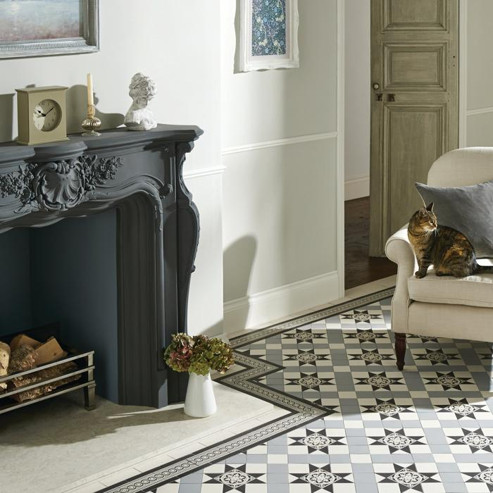 Vintage black and white tiles in classic living room