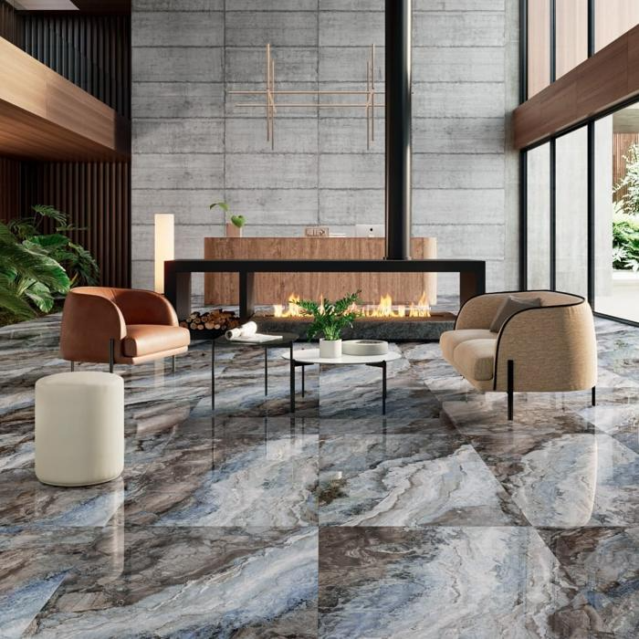 Modern lounge with blue and brown marble tiles