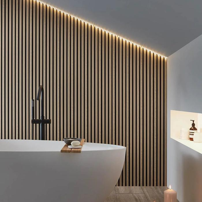 Vertical wooden wall panels with ambient lighting